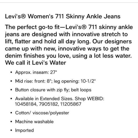 Levi's  711 Skinny Ankle  Jeans Size 4 - Picture 6 of 7